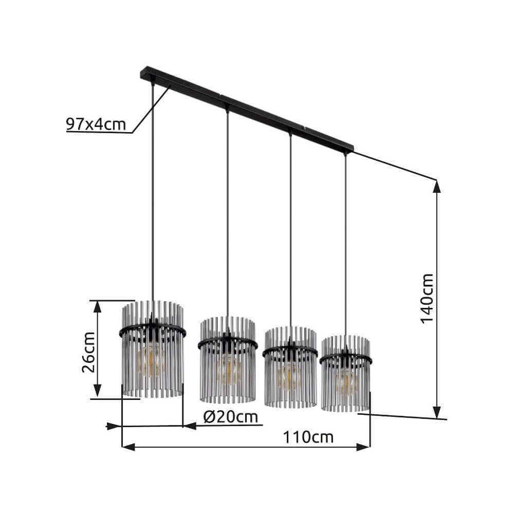Schwarze Pendelleuchte Gorley mit Rauchglas 4-flammig Globo 9007371448180