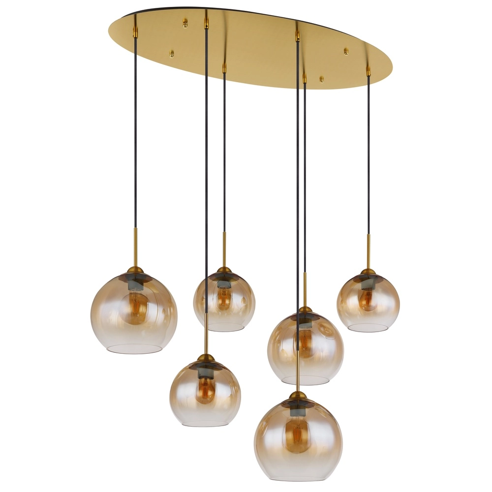 Goldene Pendellampe Jamessa 6-Licht mit bernsteinfarbenem Glas Globo 9007371435692