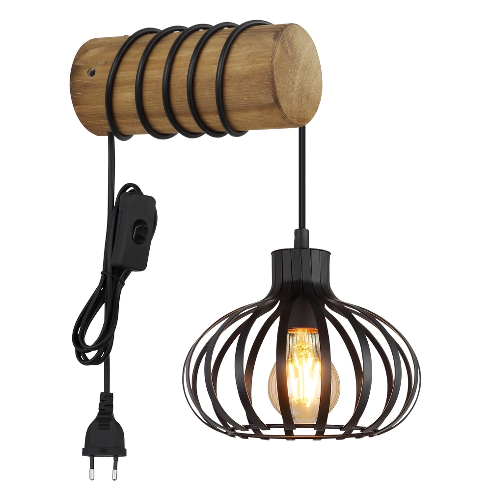 Landwandlampe Caldwell Schwarz mit Holz Globo 9007371592586