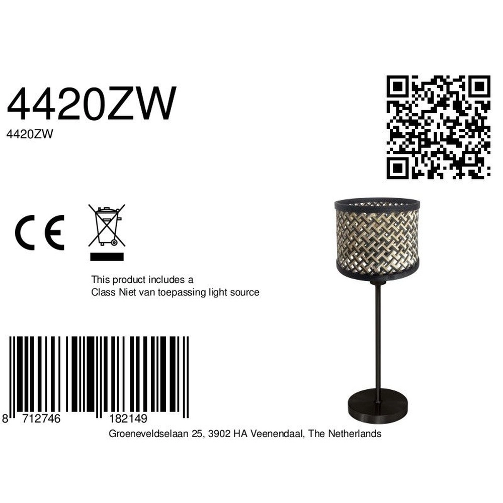 Schwarze Tischleuchte Noor mit Rattan und schwarzer Kapuze Steinhauer 8712746182149
