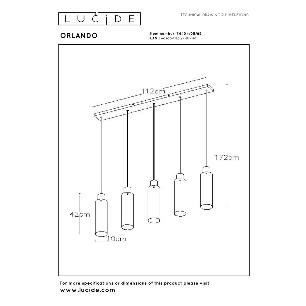 5-Licht Pendellampe Orlando Rauchglas Lucide 5411212740748