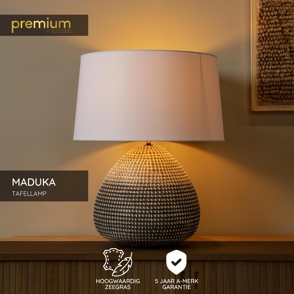 Seegras-Tischlampe Maduka Ø 45 cm – schwarz/braun mit weißem Farbton Premium by Lucide 5411212106094