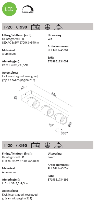 LED Deckenstrahler Laguna 3-Licht weiß Artdelight 8719831734009