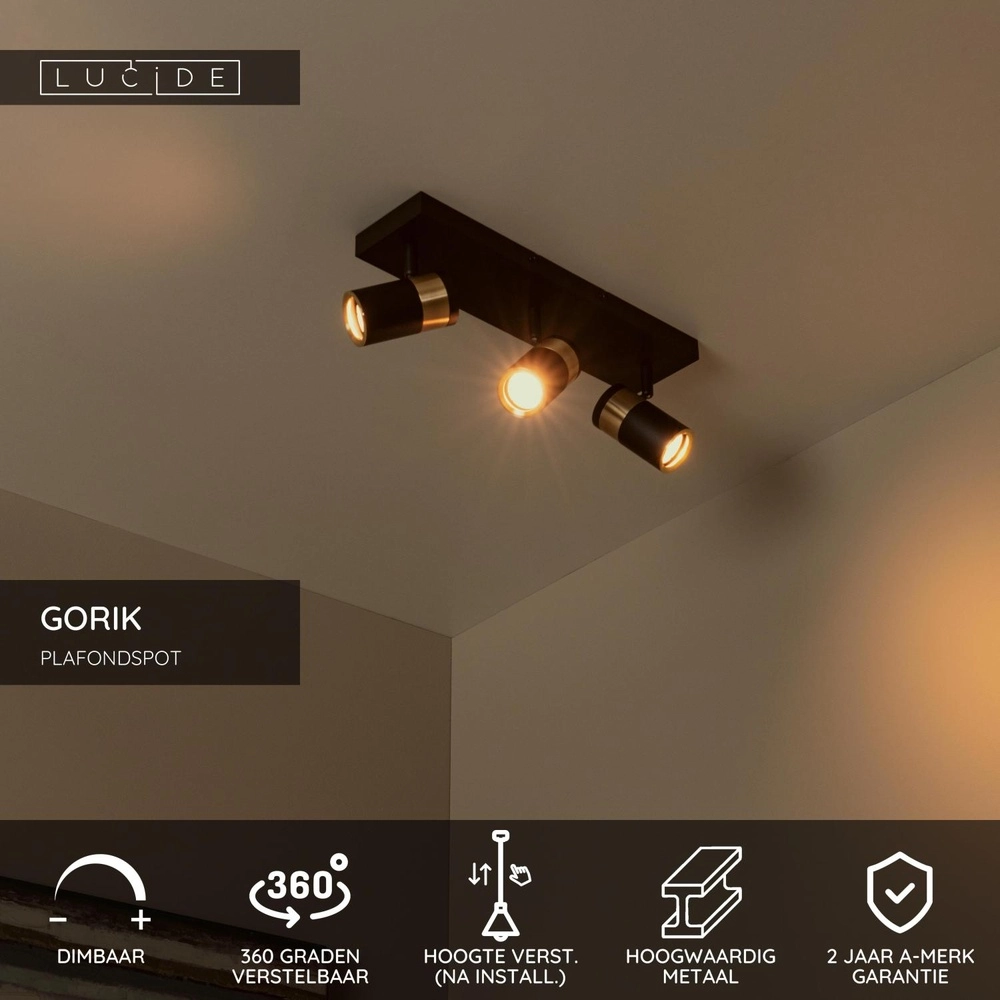 Deckenlampe Gorik 3-hell schwarz mit Gold Lucide 5411212530998