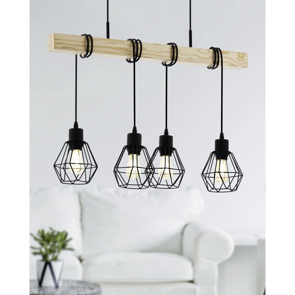 4-Licht Pendellampe Townshend 5 Speisesaal – schwarz mit Holz Eglo 9002759440756