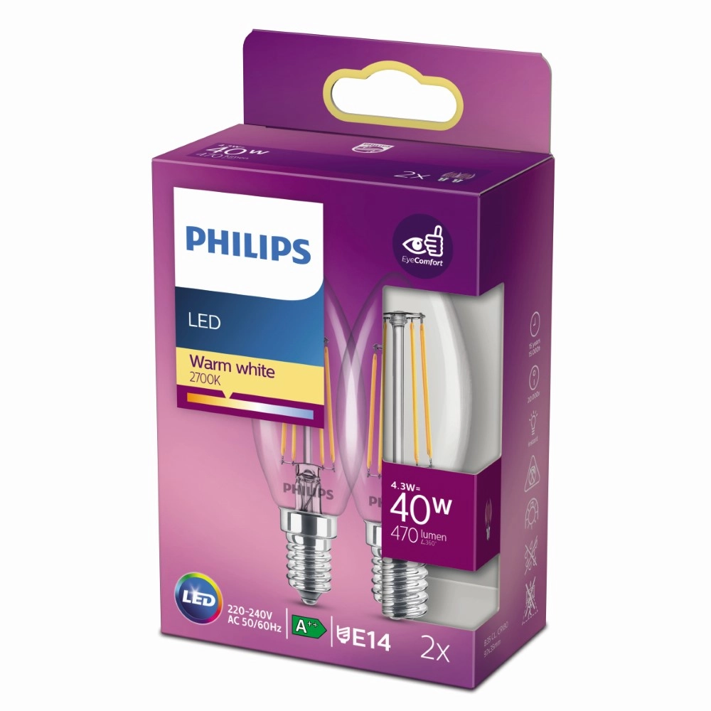 Lichtquelle Kerze 4,3W - E14 - 2700K - 470 lumen 2er-Set Philips 8718699777616