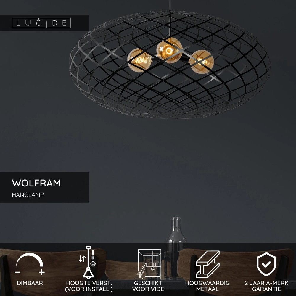 Vide Pendellampe Wolfram 3-Licht Schwarz Lucide 5411212211156