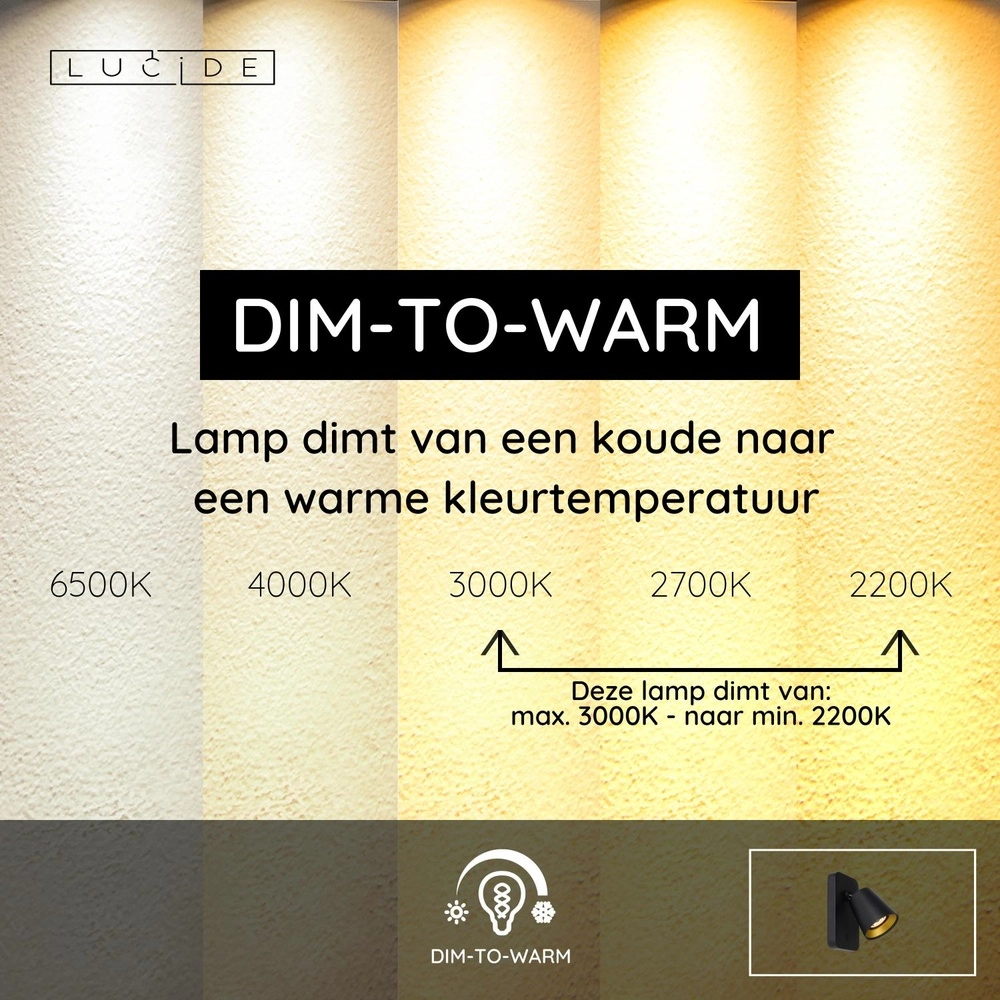 Nachttischlampe Turnon schwach bis warmes Schwarz Lucide 5411212092502