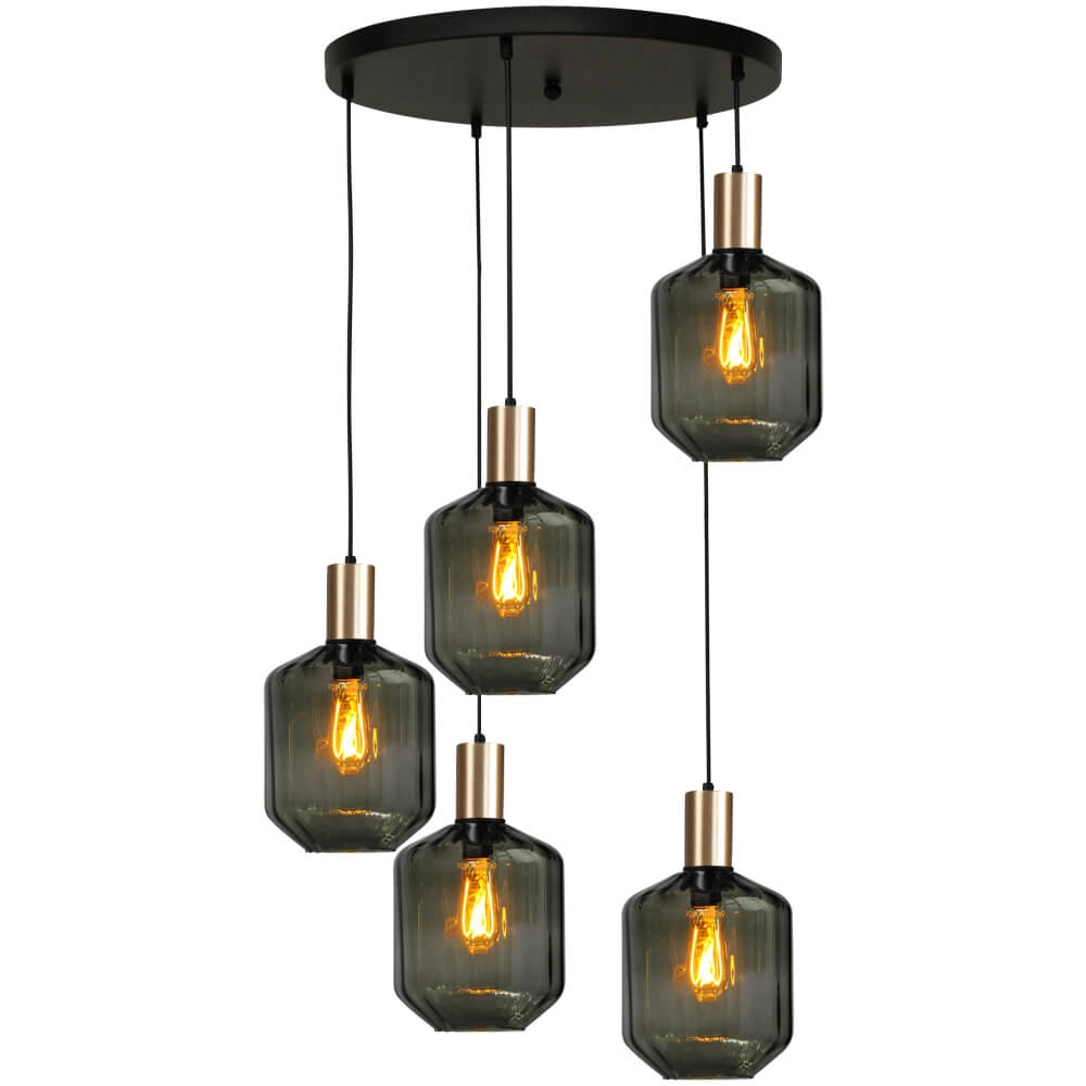 5-flammige Loft-Hängelampe - Gold - Porto mit grünen Jagger-Gläsern