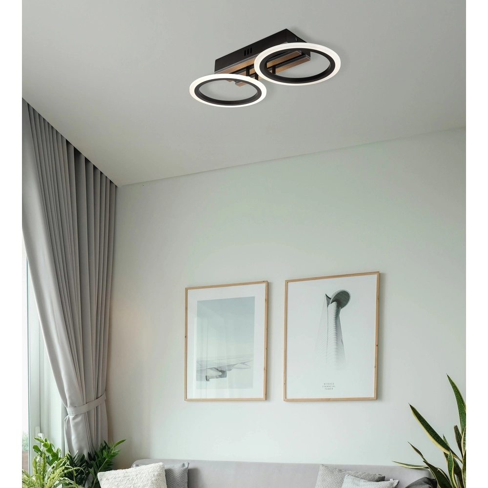 Deckenlampe Blevins Schwarz mit Holz 2 Ringe Globo 9007371572168