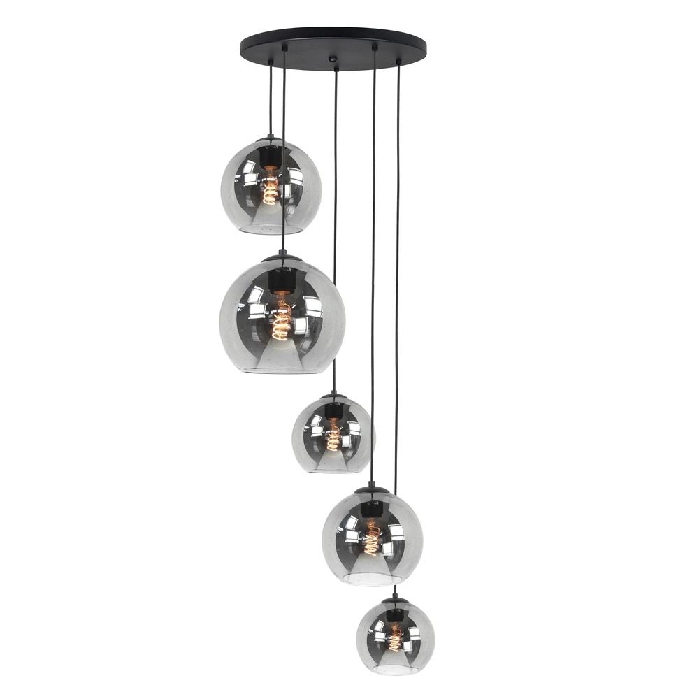 5-flammige Pendelleuchte Fantasy schwarz mit Rauchglas