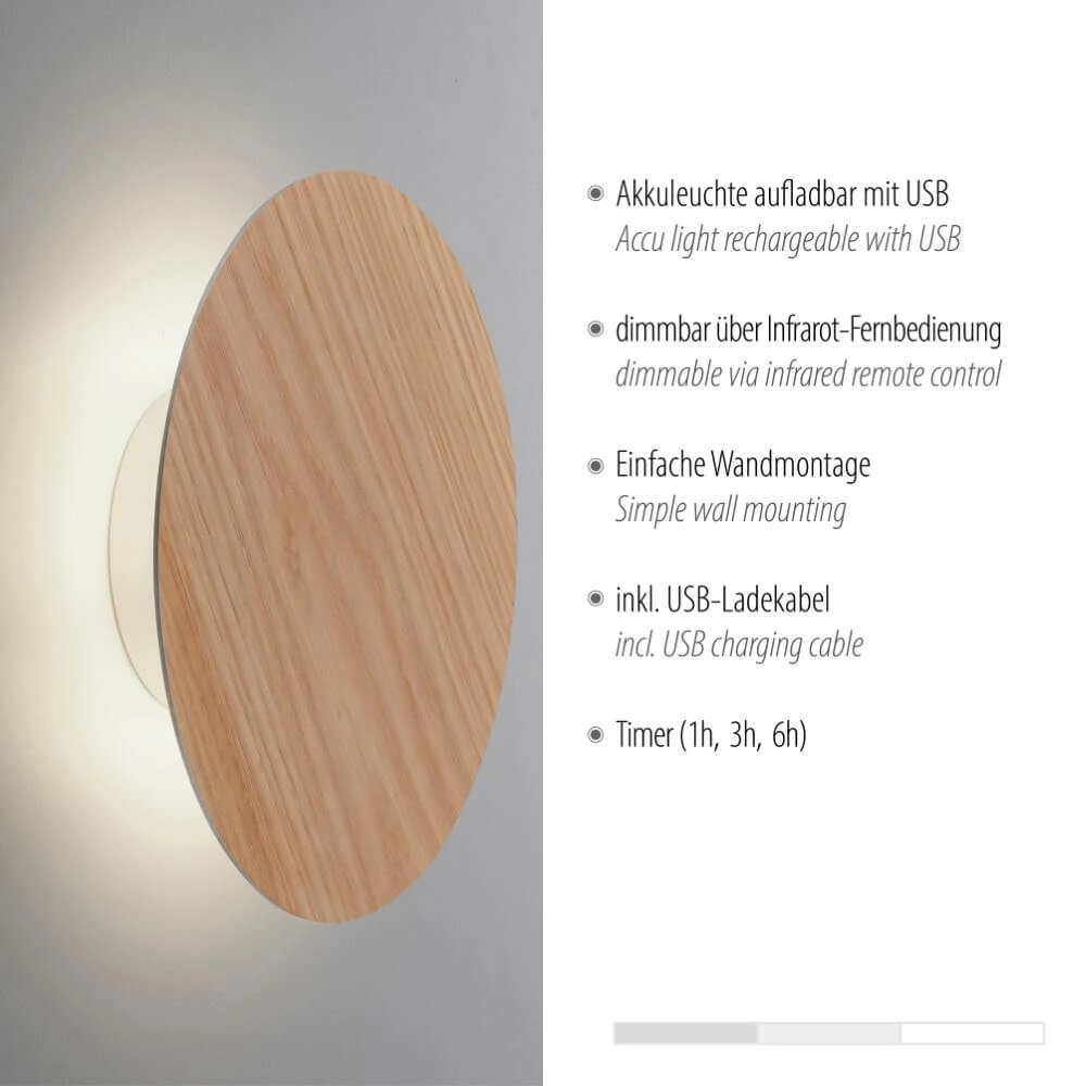 Design-Wandleuchte Akku Puntua Ø 25cm Holz Paul Neuhaus 4012248375792
