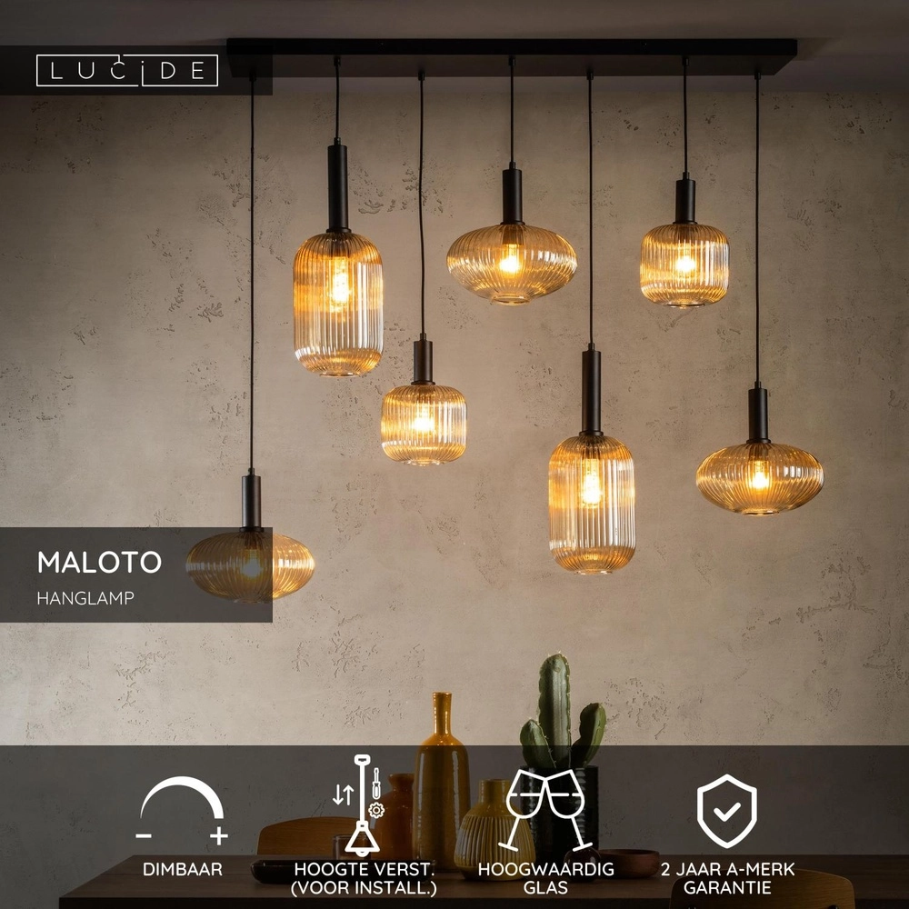 Pendellampe Maloto 7-Licht mit bernsteinfarbenem Glas Lucide 5411212451569