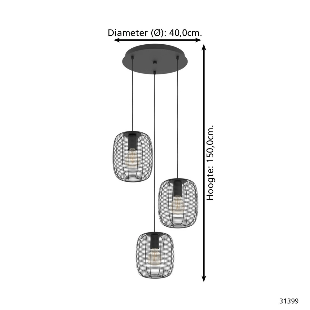 3-Licht-Drahtlampe Derwen Hängend – Ø 40cm – schwarz Eglo 9002759313999