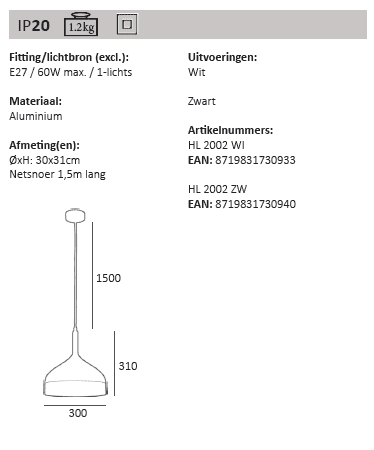 Ø 45cm Hängelampe Moondrop 30 cm weiß mit holzbraun Artdelight 8719831730933