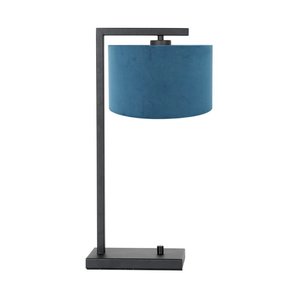Moderne Tischlampe Stanger schwarz mit blauem Samt