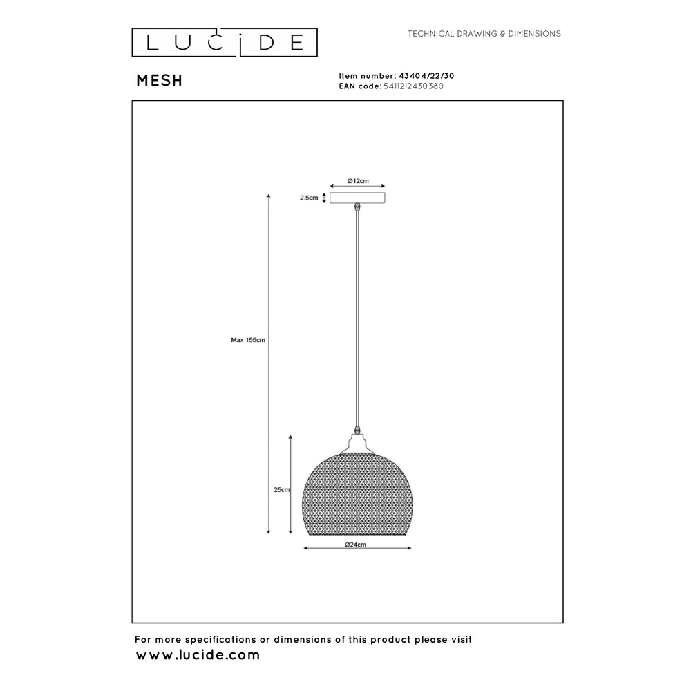 Netz-Pendellampe Mesh Ø 22 cm schwarz Lucide 5411212430380