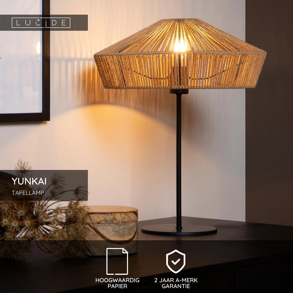 Tischlampe Yunkai Ø 40 cm schwarz mit Rattan Lucide 5411212105721