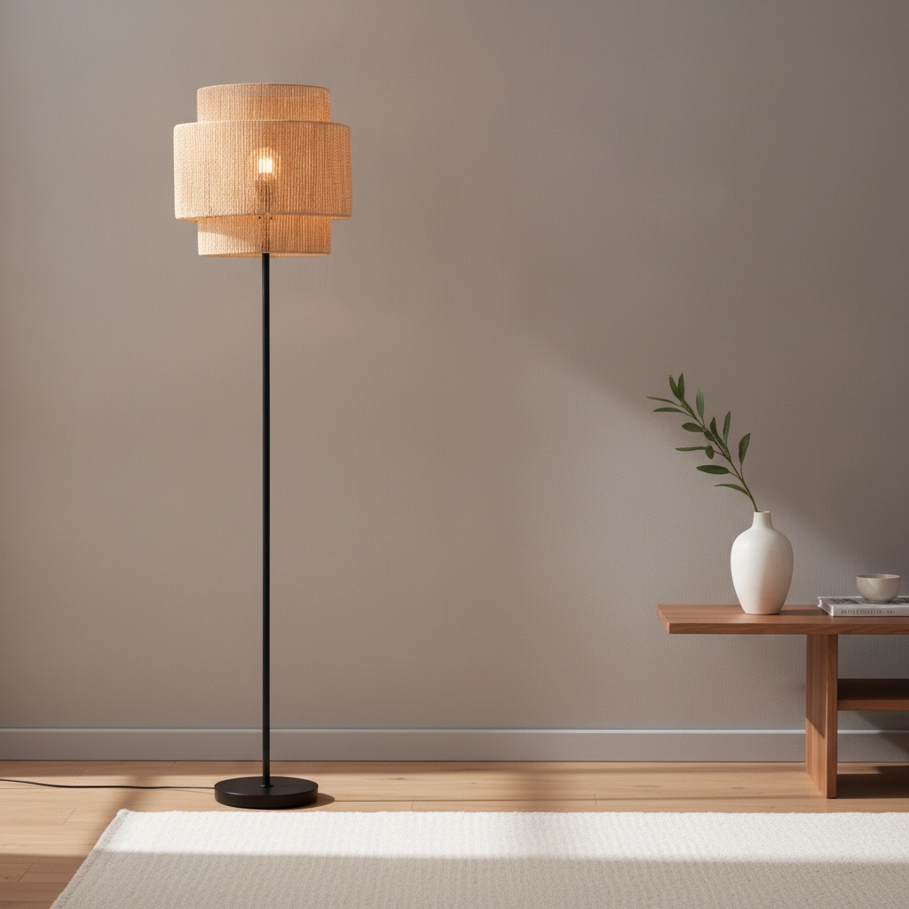 Stehlampe Lito Schwarz und Rattan
