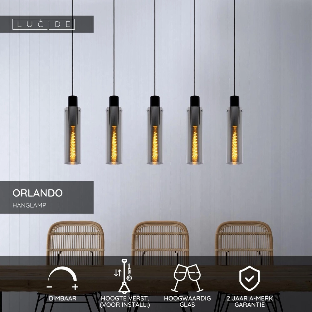 5-Licht Pendellampe Orlando Rauchglas Lucide 5411212740748