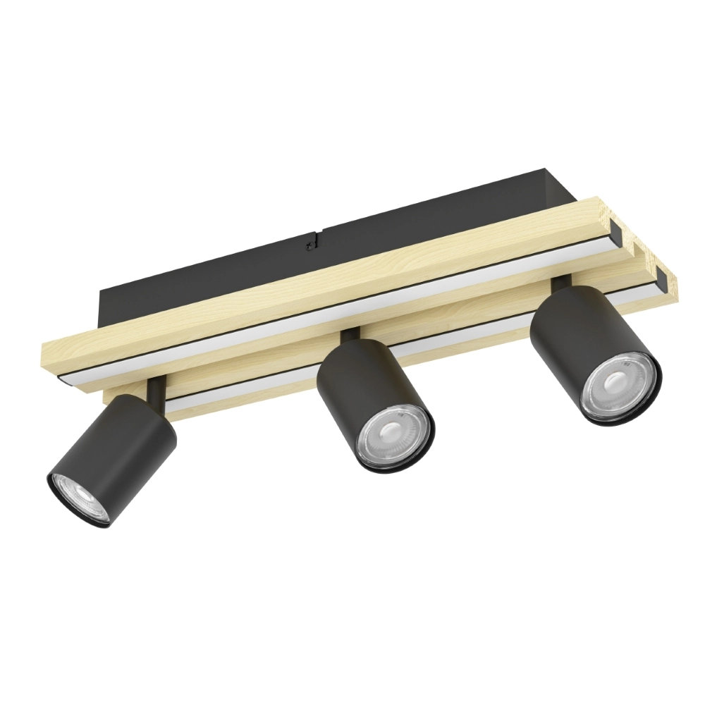 Deckenlampe 3-Leuchten Gesteira Schwarz mit Holz