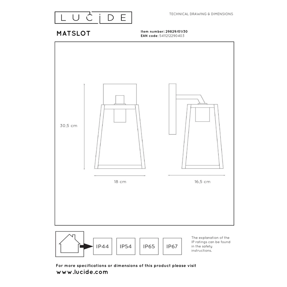 Wandlampe Matslot Schwarzes Design Lucide 5411212290403