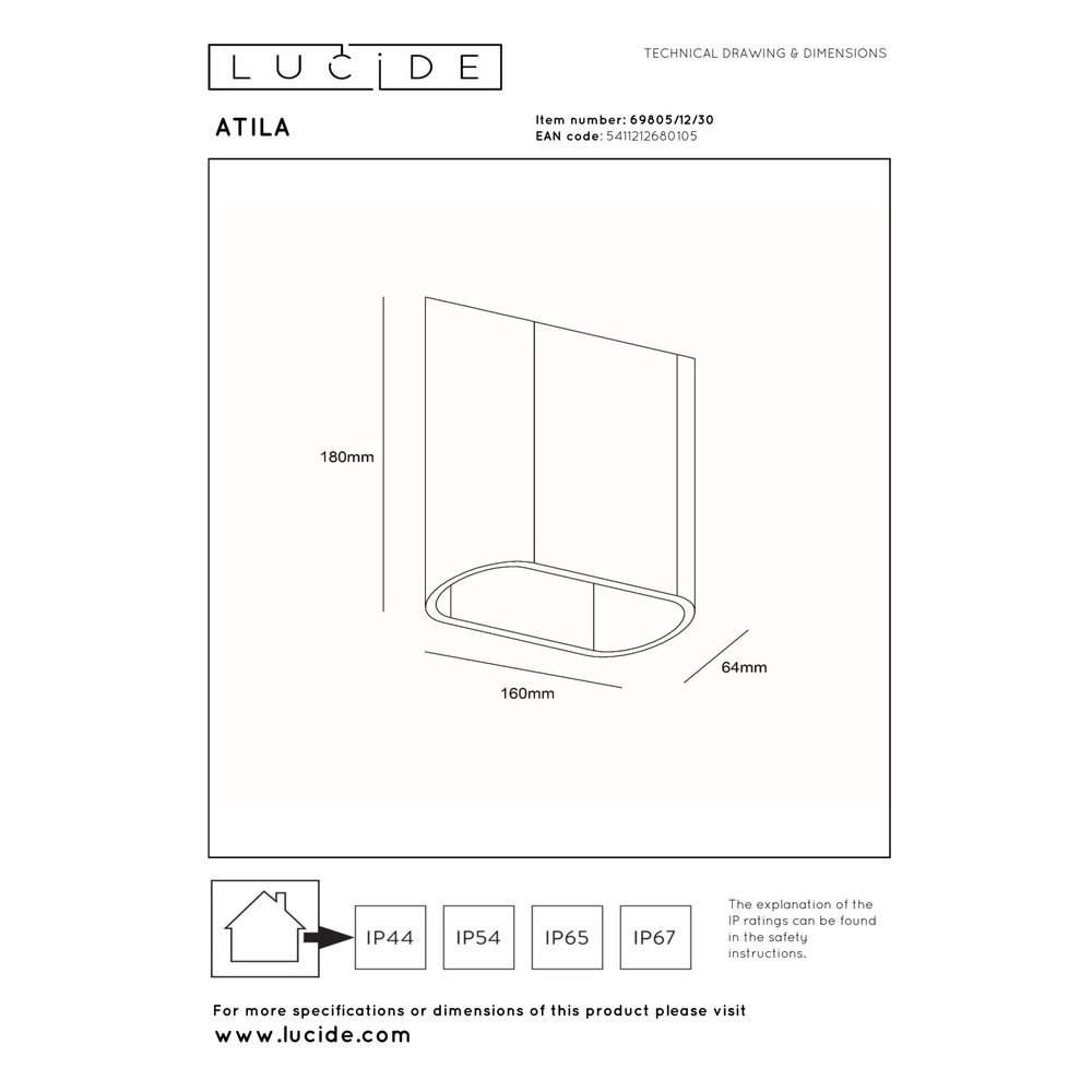 Design-Wandlampe Atila schwarzes IP65 auf und ab Lucide 5411212680105