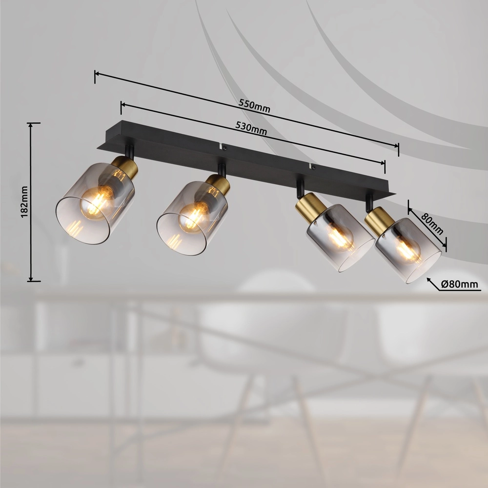 4-Licht Deckenlampe Hollsy Schwarz mit Rauchglas Globo 9007371451852