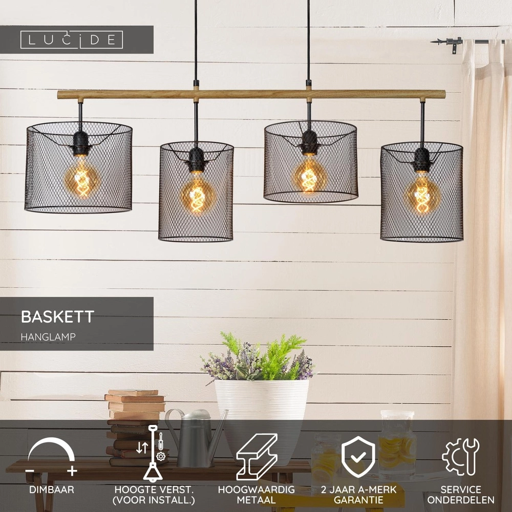 4-Licht Pendellampe Baskett Schwarz mit Holz Lucide 5411212450531