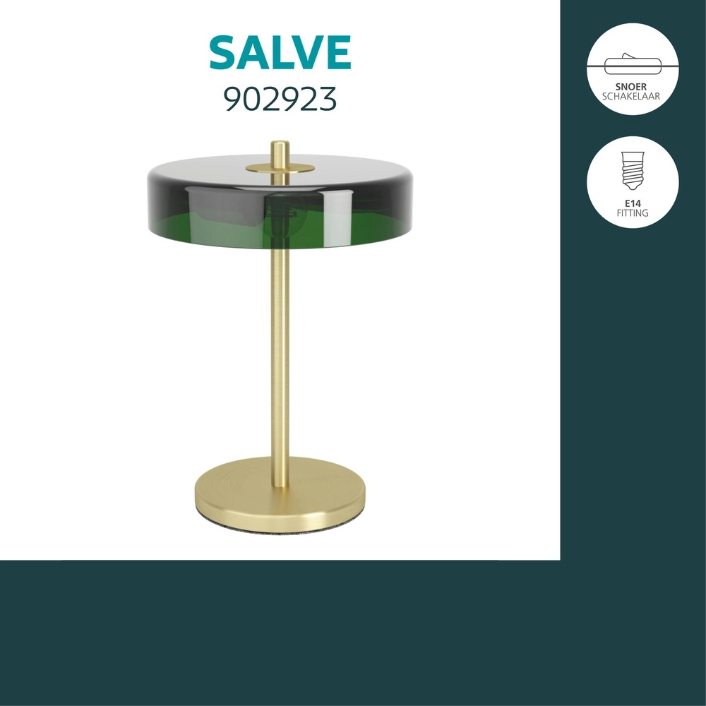 Design-Tischlampe Salve Messing, verziert mit Grün