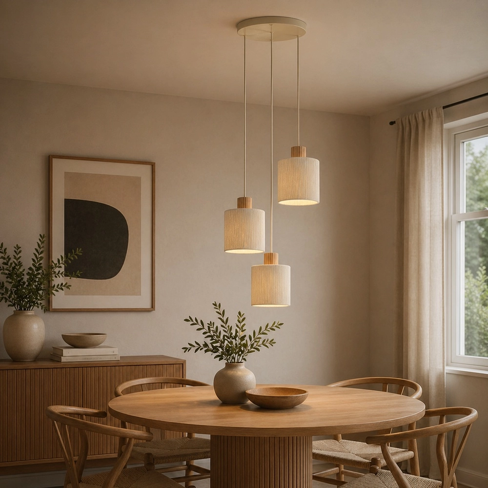 Beige Pendellampe Arlo mit Holz Japandi Ø 40cm 3-Fenster Brilliant 4004353477096