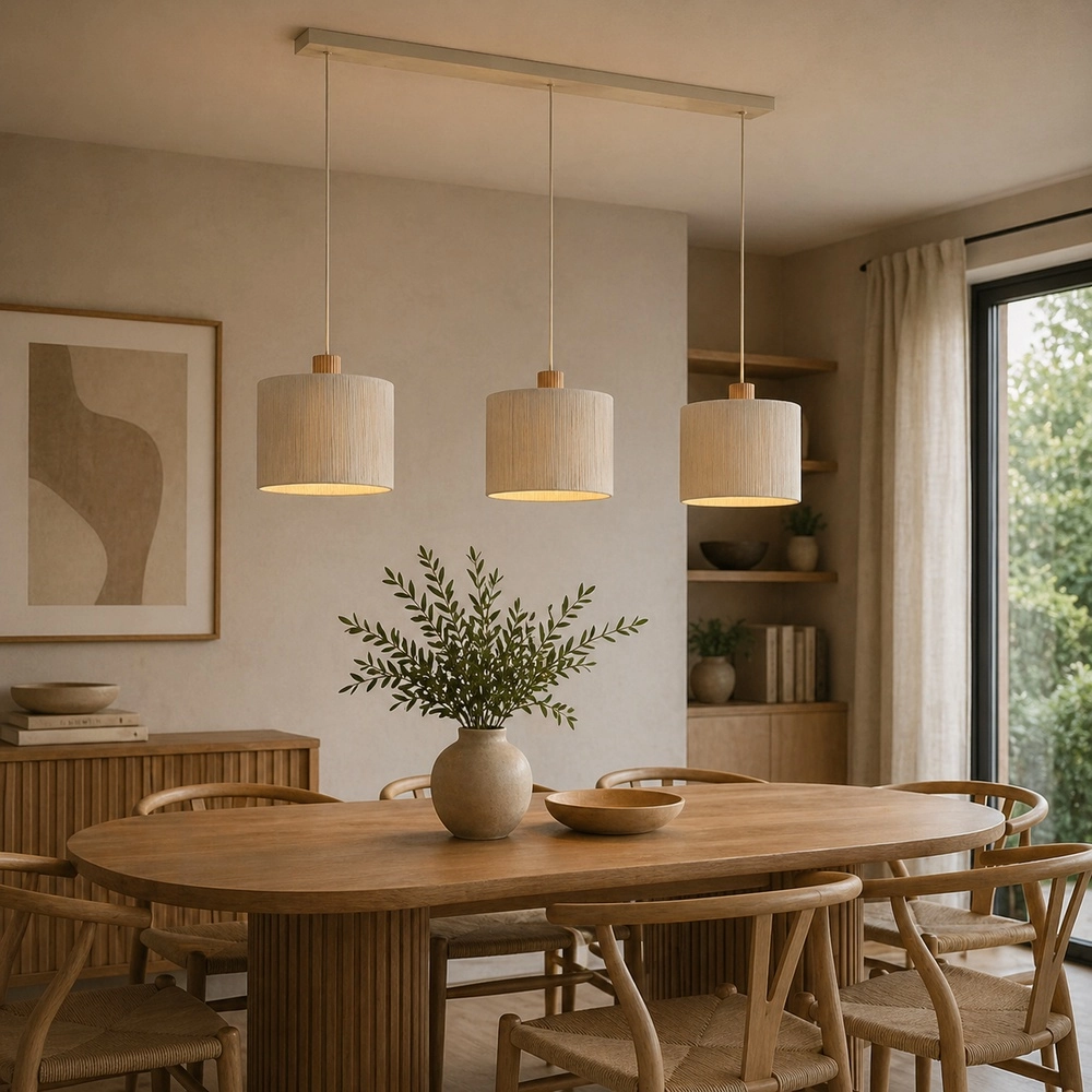 Beige Pendellampe Arlo Mit Holz-Japandi 3-Lampen Brilliant 4004353477102