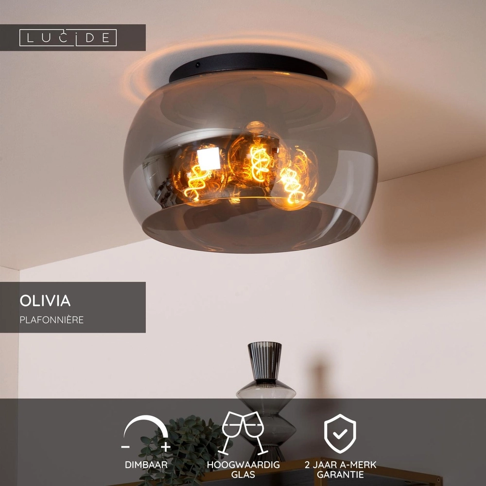 Deckenlampe Olivia Ø 40 cm schwarz mit Rauchglas Lucide 5411212452085