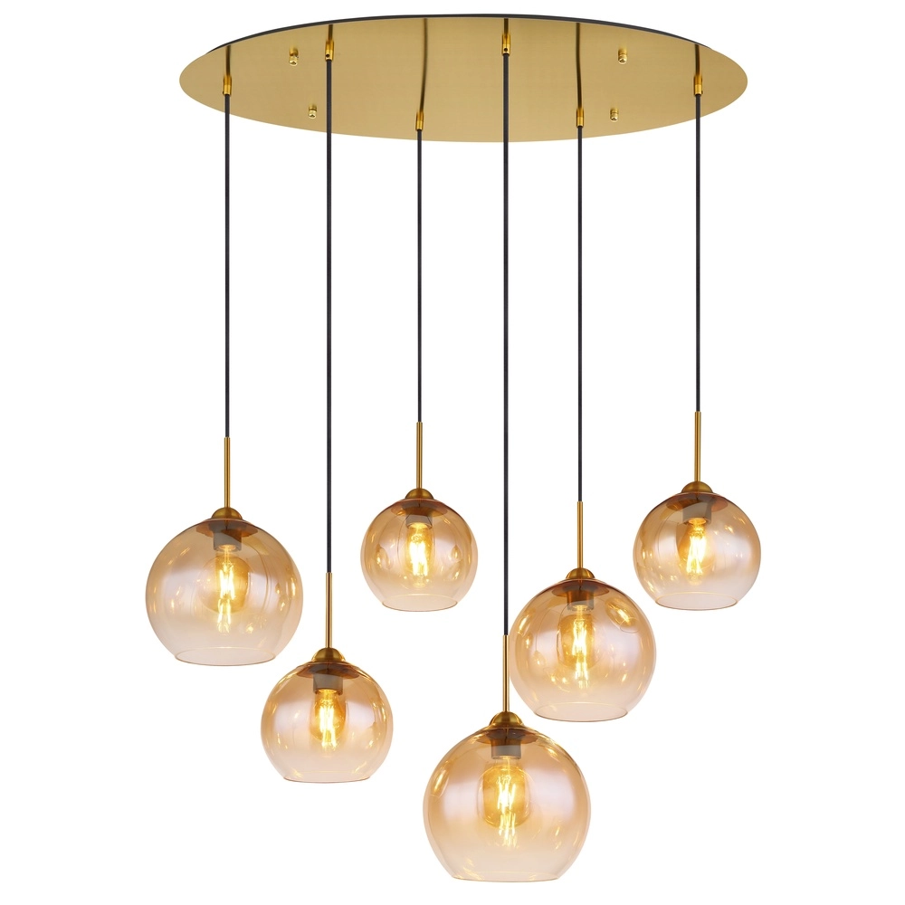 Goldene Pendellampe Jamessa 6-Licht mit bernsteinfarbenem Glas Globo 9007371435692
