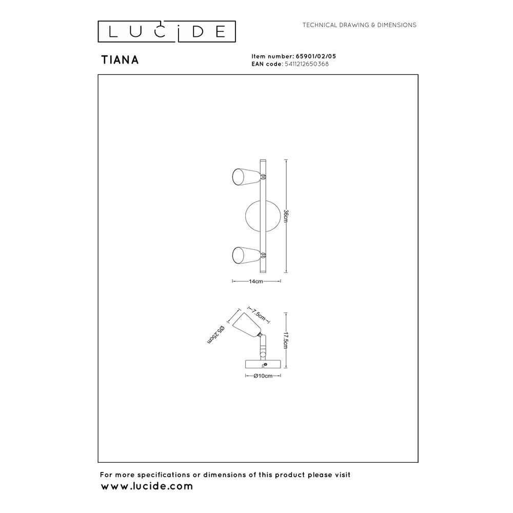 Deckenscheinwerfer Tiana 2-Licht Champagner Lucide 5411212650368