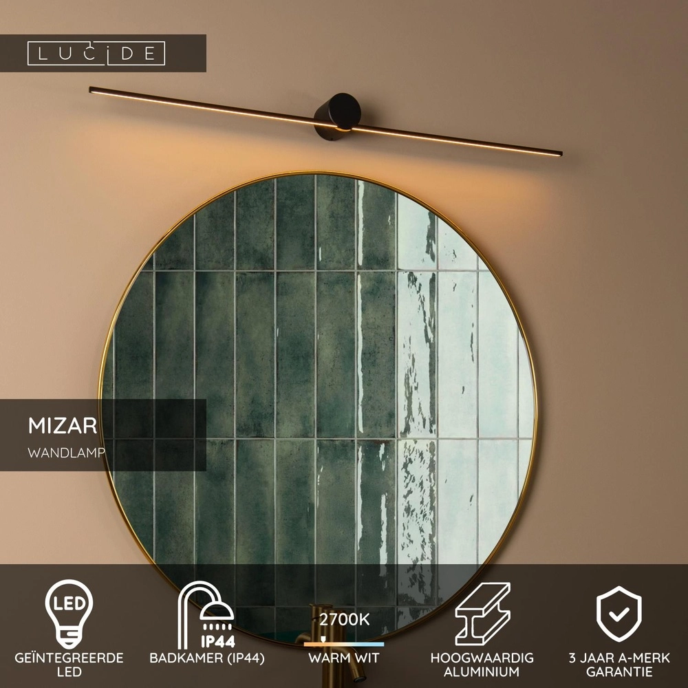 Elegante Badezimmerwandlampe Mizar IP44 90cm schwarz Lucide 5411212126931