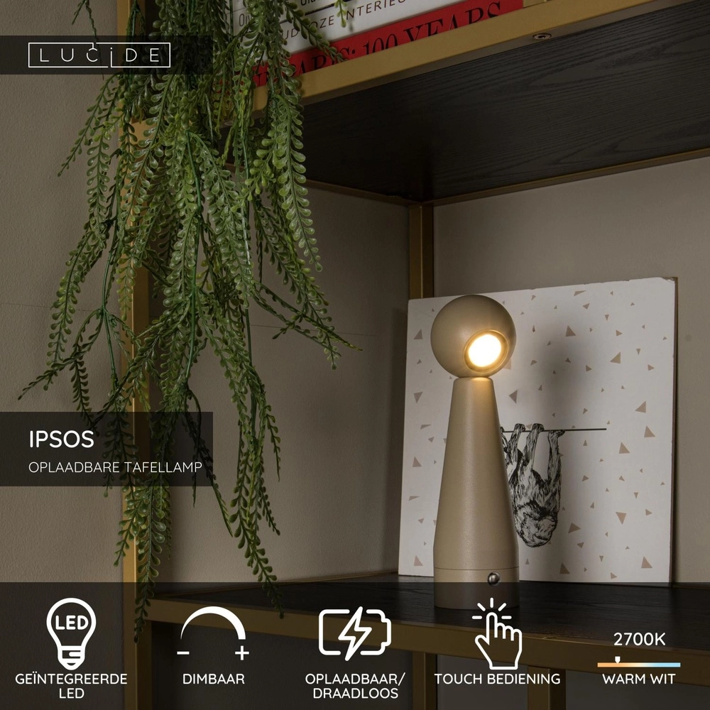 Wiederaufladbare Tischlampe Ipsos taupe Lucide 5411212333988
