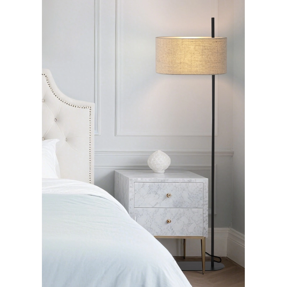 Stehlampe Hessian schwarz mit Leinenschirm Searchlight 5053423297330