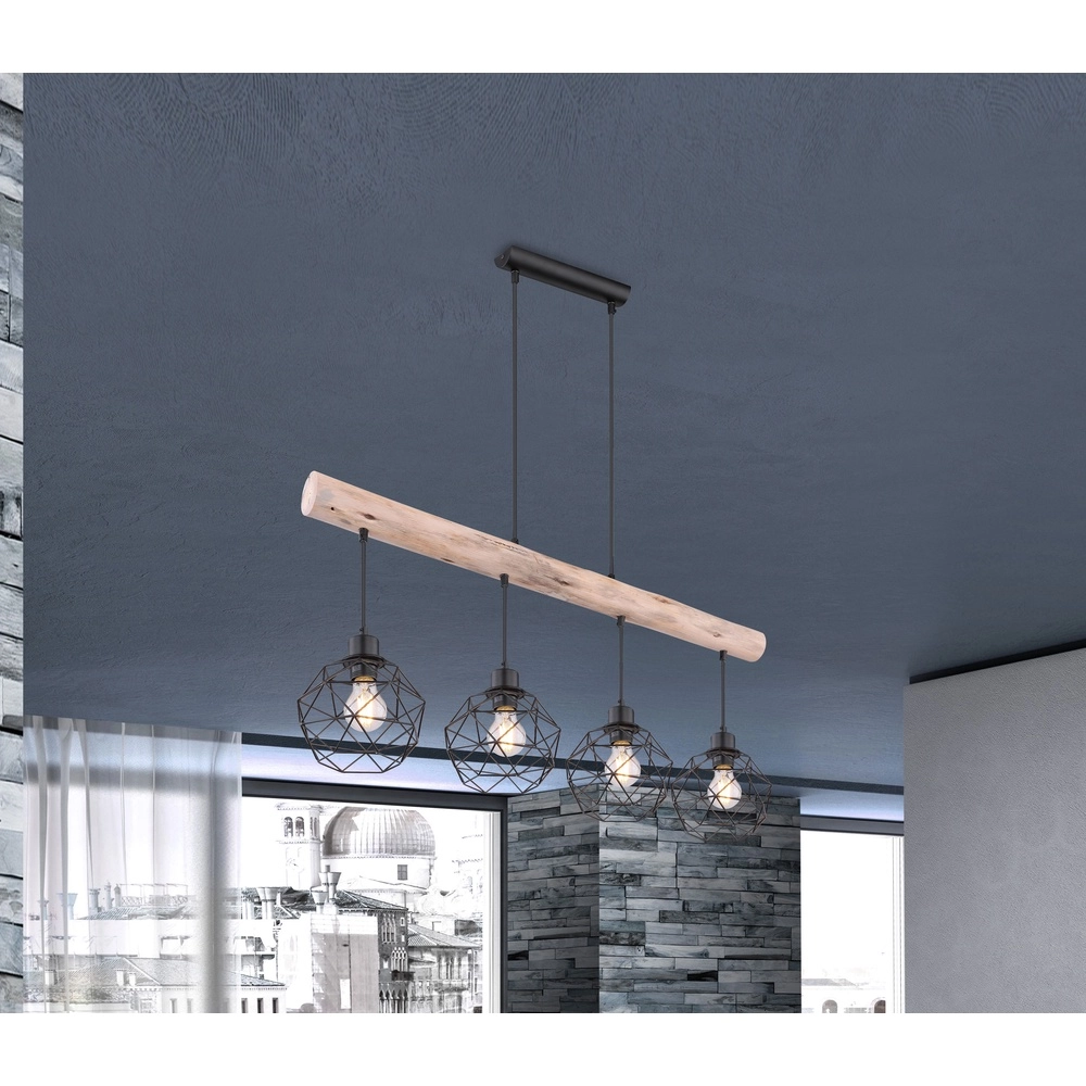 4-Licht Esstischlampe Theodor Schwarz mit Holz Globo 9007371400676