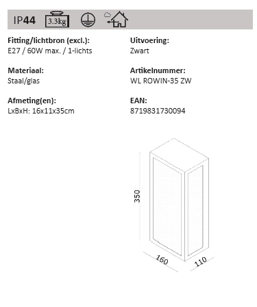Schlanke Außenlampe Rowin 35 cm Artdelight 8719831730094