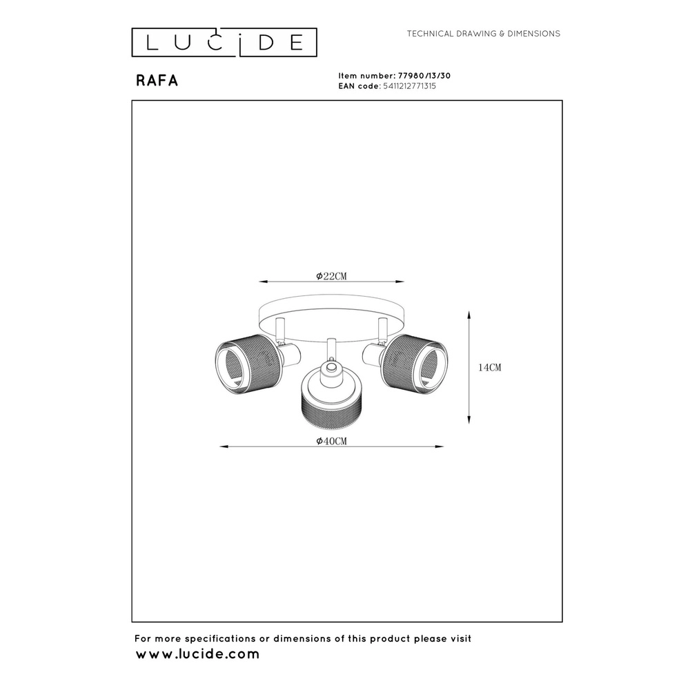 Deckenlampe Rafa 3-Licht Schwarz mit Kupfer Lucide 5411212771315