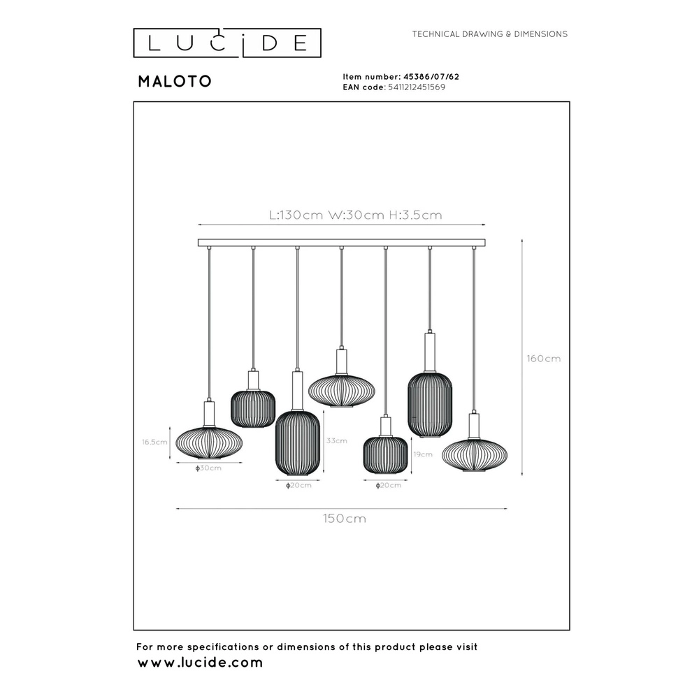 Pendellampe Maloto 7-Licht mit bernsteinfarbenem Glas Lucide 5411212451569