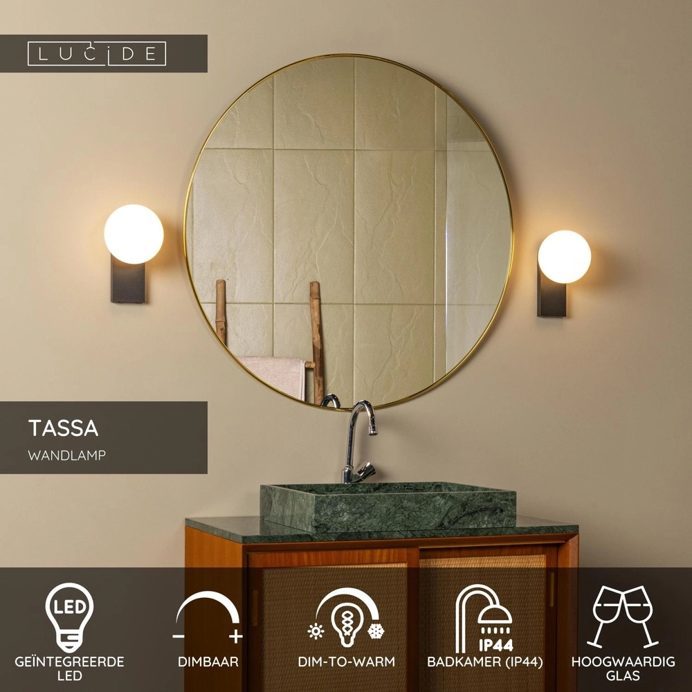 Wandlampe Tassa IP44 Schwarz mit weißer Kugel Lucide 5411212570079