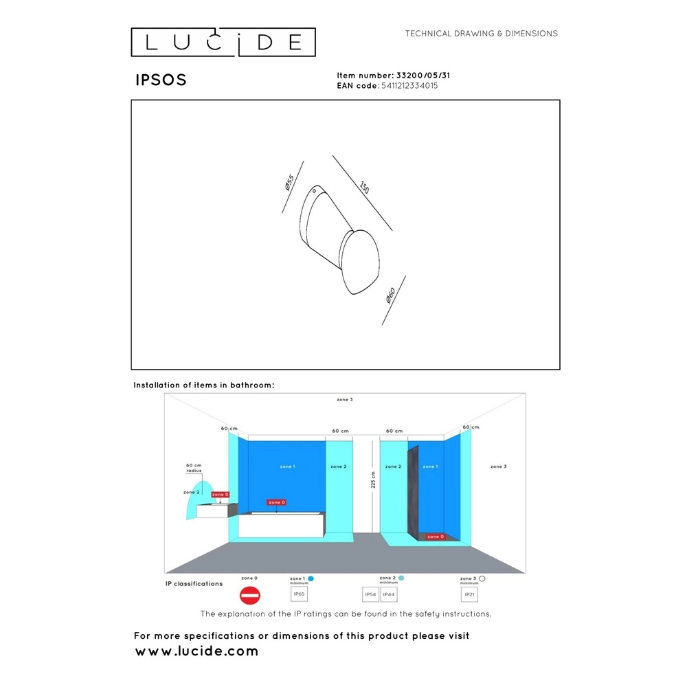 Wandlampe im Badezimmer Ipsos weißes IP54 Lucide 5411212334015