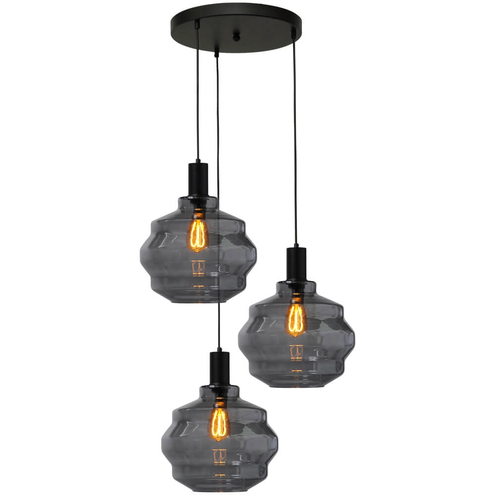 3-flammige Loft-Hängelampe - Schwarz - Porto mit Kugelrauchgläsern - Ø 30cm