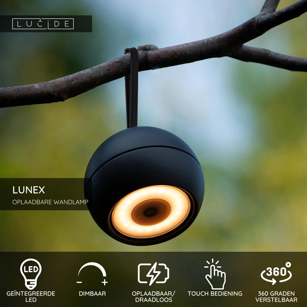 Wiederaufladbare Wandlampe Lunex Black Magnetic Lucide 5411212272409