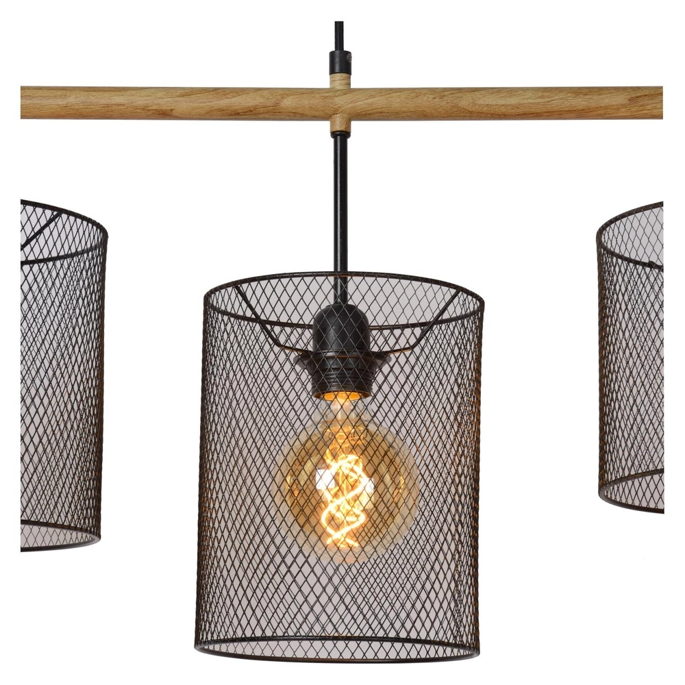 4-Licht Pendellampe Baskett Schwarz mit Holz Lucide 5411212450531
