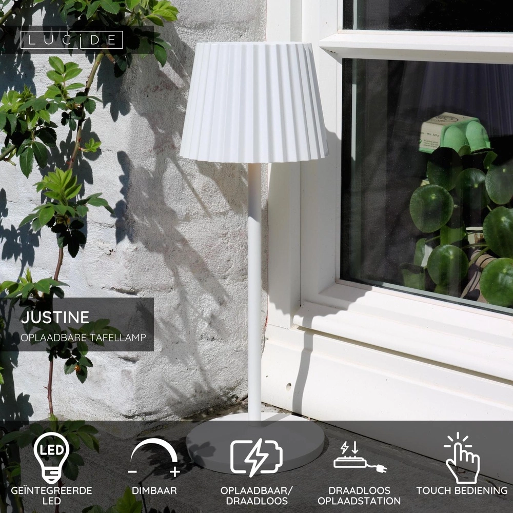 Wiederaufladbare Tischlampe Justine Weiß mit Ladestation Lucide 5411212272188