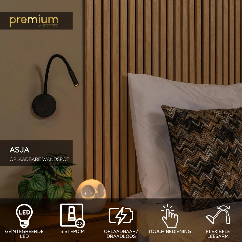 Nachttischlampe Asja dimmbares Schwarz Premium by Lucide 5411212421180