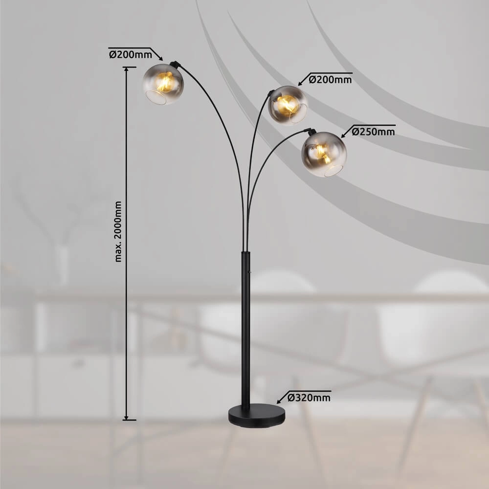Schwarze Stehleuchte Newcastle Sphere Rauchglas 3-flammig Globo 9007371449798
